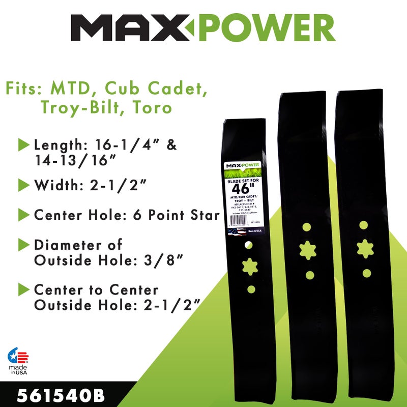 Maxpower مجموعة شفرات التقطيع الثلاثية Maxpower 561540B للعديد من جزازات MTD وCub Cadet وTroy-Bilt بقطر 46 بوصة تستبدل أرقام OEM #'s 753-0847 و942-04125 و942-04124 و942-0611 و942-0612 - Image 2
